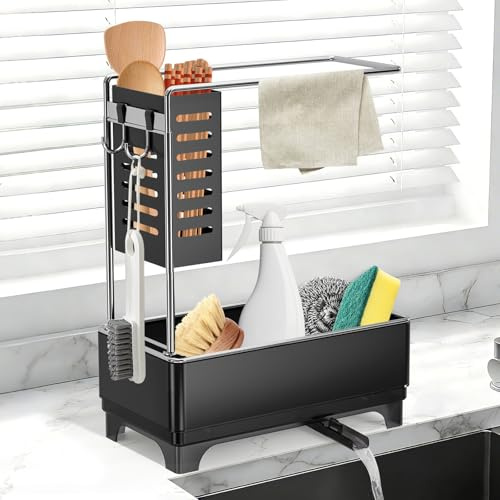 Lvjkes Soporte Estropajo Fregadero, Acero Inoxidable Organizador Cocina Fregadero, Estropajero, Gran Capacidad, para organizar Las encimeras y Guardar los Utensilios de Cocina, Negro