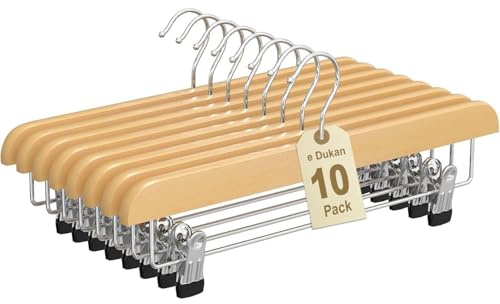 Wooden Trouser Hangers with Clips – Non Slip Skirt Hangers for Clothes, Pants & Jeans High-Grade Non Slip Skirt Hangers with Strong Adjustable Metal Clamps (Pack of 10)