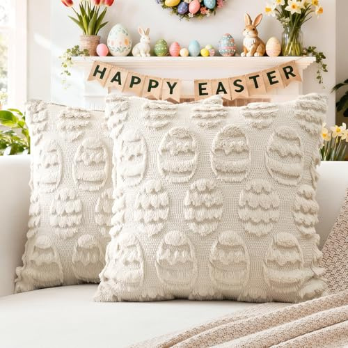 Artscope 2er Set Wolle Kissenbezüge Weicher Plüsch Kurzer Wollsamt Dekokissenbezuge Sofakissen Ostern Kissenhülle für Sofa Schlafzimmer Ostern Eier Creme Beige, 40x40cm