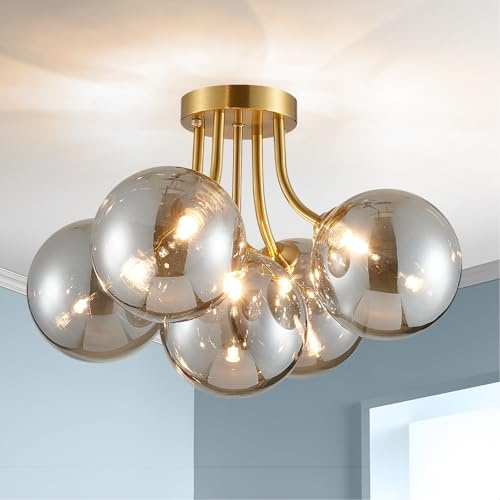 Gold Bubble Glass Chandelier 5-Light, Glass Sputnik Flush Mount Ceiling Light for Living Room, D50 x H30cm, G9*5 Sockets,（Die Lichtquelle ist nicht im Lieferumfang enthalten）