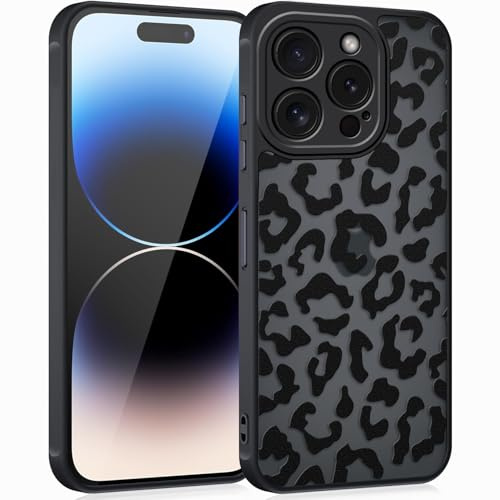 Coqinen Handyhülle für iPhone 14 Pro Hülle, Matt Transluzente Case mit Stilvolle Leopard Muster, Silikon Aesthetic Schutzhülle mit Kratzfeste PC Rückseite + Stoßfest TPU Bumper - Schwarz