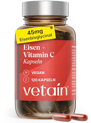 VETAIN Eisen 45mg + 250mg Vitamin C hochdosiert – 120 vegane Kapseln | Aus Eisenbisglycinat - hoch bioverfügbar & gut verträglich – geschmacksneutral – ohne Zusätze - produziert in Deutschland
