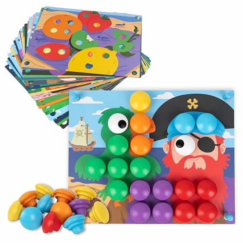 BONNYCO Puzzle de Madera con 50 Plantillas, 32 Botones y Bolsa de Algodón | Mosaico Infantil para Motricidad Fina. Rompecabezas y Juguetes Niños 2 Años. Juegos Educativos Montessori, Regalos Cumpleaños