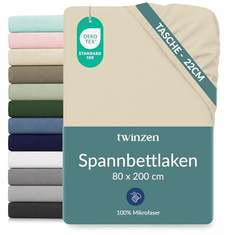 Twinzen Spannbettlaken Mikrofaser 80x200 Beige Steghöhe 20 cm | Weich & hautfreundlich · Atmungsaktiv · Pflegeleicht · Waschbar bei 40 °C · OEKO-TEX