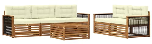 vidaXL Outdoor-Sofagarnitur mit Kissen 6 pcs Natur und Creme, Gartenlounge, modernes Ecksofa, Outdoor-Sitzgelegenheit, Terrassenmöbel, gemütliches Set