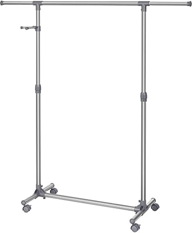 SONGMICS Kleiderständer, Garderobenständer auf Rollen, Rohre mit Edelstahlbeschichtung, mit ausziehbarer Kleiderstange, seitliche Haken für Accessoires, höhenverstellbar 97-165 cm, grau LLR01G, 150 x 44 x 165 cm