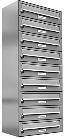 AL Briefkastensysteme 9er Briefkastenanlage, V2A Edelstahl, Premium Briefkasten DIN A4, 9 Fach Postkasten modern Aufputz