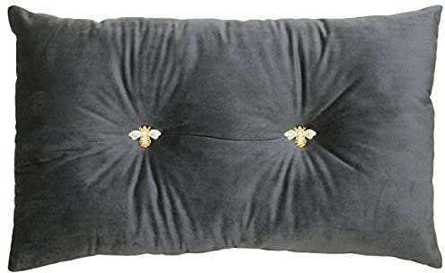 Paoletti Bumble Polyester Filled Cushion – Luxury Ruched Velvet Jewelled Bee Button Decorative Pillow (Charcoal – 30x50cm)