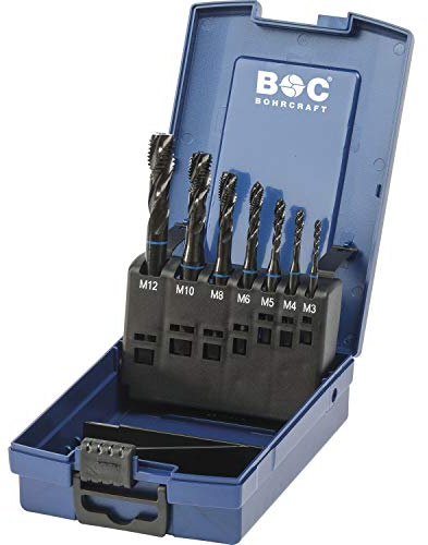 Bohrcraft 41541330007 Maschinengewindebohrer-Satz M3-M12 HSS-E 35º teilig Masch-Gewindeb. DIN 371/376 ABS-Box 7-TLG. M 3-M 12 RSP 35°/ MGB7S-K VA Blauring, silber