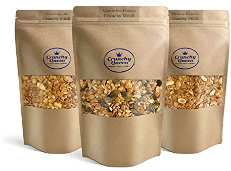 Crunchy Queen Protein Granola Knuspermüsli Probierpaket | Sparpaket | 30% Protein | Handgemacht | High Protein Müsli | Low Carb Müsli | Vegan | Müsli ohne Zucker | Erdnussmus | 3x 340g Eiweiß-Müsli