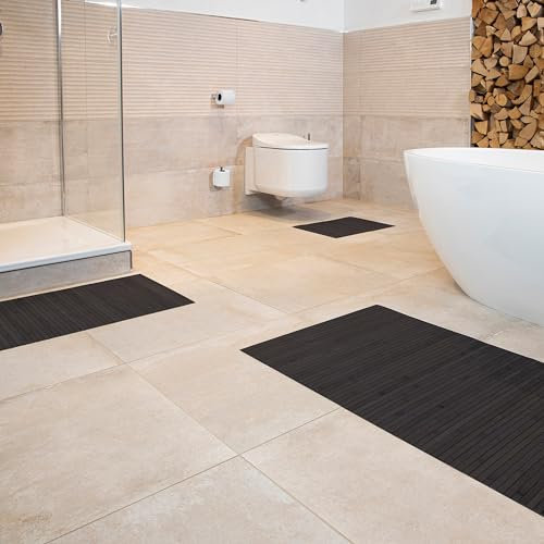DE-COmmerce Bambus Badematte Lines im 3-er Set, Badteppich, Holzteppich, Bambusmatte, Badezimmer, rutschfest, Farbe: Ebony