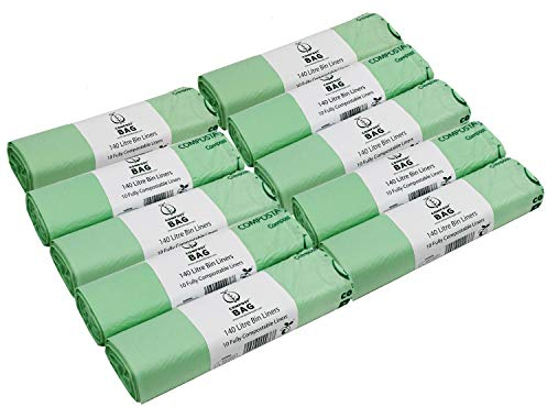 140 Litre x 100 bags Compost Bag Compostable Wheelie Bin Liner - Biodegradeable Sacks/Liners - EN 13432 - Compostable 140L Bags with Composting Guide