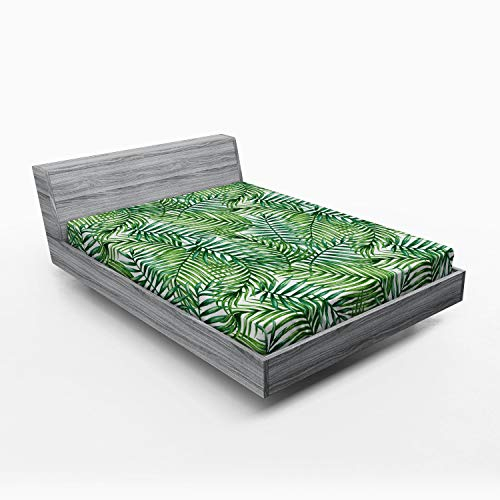 ABAKUHAUS Blatt Spannbetttuch, Botanischer Wilde Palmen, Soft Dekorativer Stoff Bettwäsche Rund-um Elastischer Gummizug, 160 x 200 cm, Grün Weiß