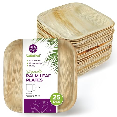 GoBeTree 25 Palmblatt Teller 15x15 cm, Palmblatt Geschirr Einwegteller, Biologisch abbaubares Einmalgeschirr für Party, Alternative zu Bambusteller