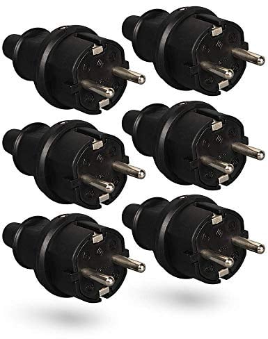 HEITECH Gummi Schutzkontakt Stecker mit Knickschutz - 6x Schutzkontaktstecker schwarz, 250V, 16A, IP20 für Innenbereich - Vollgummi Schuko Stecker