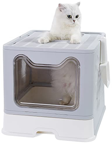 Vealind Top Entry Cat Litter Box Cats Litter Tray with Front Entry & Top Exit XXL Large Space Foldable Toilet Boxes with Trays, Lid and Litter Shovel