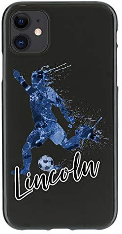 Personalised Phone Case For Apple iPhone 16, 15, 14,13, 12, 11, Pro Max, Mini, XR, XS, SE Medium Blue Marble Football Phone Case with Name on Soft Black Gel TPU Phone Cover