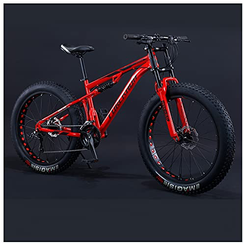 NENGGE Mountainbike Fatbike 24 Zoll Mountainbike, 7/21/24/27/30 Gang-Schaltung Erwachsene Fette Reifen Fahrrad, Rahmen Kohlenstoffstahl, Herren Damen Vollfederung Bike,Rot,24 Speed