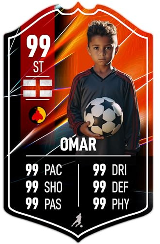 ShopQuality4U Personalise Football Cup Player Stats Card Sign - Red Background Printed Metal Shield Sign Wall Art A4 Player Add Name (28x17cm)
