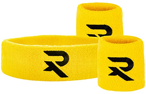 Raquex Armband & Stirnband Set - 2 x Armband, 1 Stirnband, eng anliegend, Baumwolle, Dehnbare Schweißbänder für Sport (Gelb)