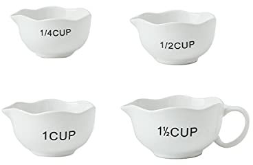 Ceramic Measuring Cup Set of 4 with Handle for Baking Wet & Dry Ingredients - Dishwasher Safe Liquid/Dry Measuring Cups - Including 1/4-Cup, 1/2-Cup, 1-Cup and 2-Cup (White)