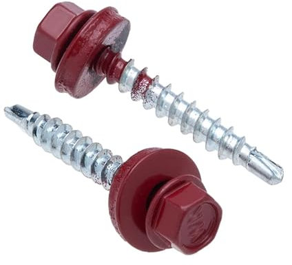 4.8 mm x 25 mm Vis de toiture, tête hexagonale autoperceuse colorée (RAL 3011 Rouge brun) vis de toit avec rondelle scellée en EPDM, vis à gros filets trempés zingués antirouille (50 pièces)