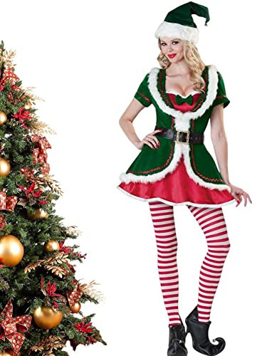 Sysdisen Abito Elfo Donna | Vestito di Natale Sexy per la festa delle Donne - Verde Elfo Lady Velluto Abito Di Natale Sexy Albero Di Natale Vestiti Costume Babbo Natale per La Festa