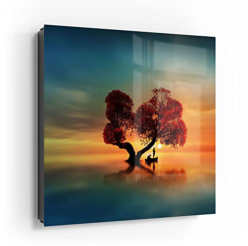 DEQORI Schlüsselkasten schwarz | 30x30 cm | Motiv Fischerboot unter Baum | Glas & Metall Schlüssel-Box | Schlüsselschrank mit 50 Haken + 2 Magnete | Moderne Box magnetisch & beschreibbar