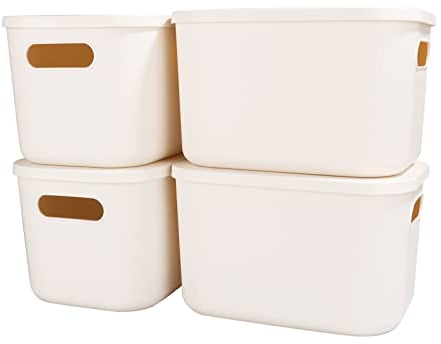 YOUNTHYE 4PCS Storage Baskets, 25x18x15.6CM Stackable Plastic Boxes with Lids and Handles, 6.5L for Kitchen, Bathroom Shelves, Desktop