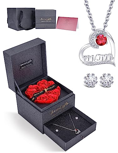 IMMORROSA Rose Eterne con Collana MOM & Orecchini a Corona di Cristallo, Festa della Mamma Idee Regalo, Scatola Rosa Conservata con Collana, Confezione Regalo per Mamma, Compleanno, Anniversario