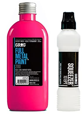 Graff-City Grog Full Metal Paint & Squeezer 10 EPT - 10mm Mop Marker & Gloss Permanent Paint Refill 200ml (Neon Fuchsia)