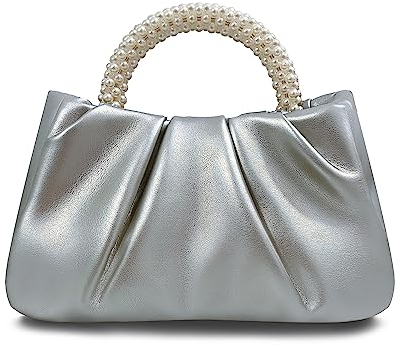 Beatfull Abend-Geldbörse für Damen, kleine Perlen, weiches Leder, gerüschte Tasche, Hochzeit, Braut, Clutch, Party, Abschlussball, Crossbody-Börse, silber