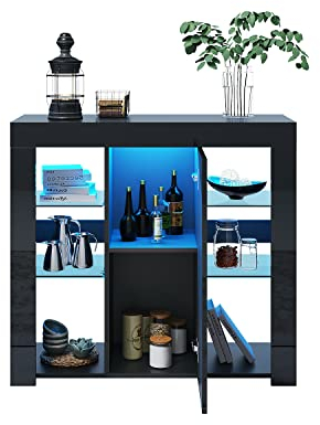SONNI Sideboard, Küchenschrank, mit LED Beleuchtung(12 Farben können eingestellt Werden) Weiß/Schwarz Hochglanz Aufbewahrungsschrank, für Küche,Wohnzimmer,Esszimmer, 90(B)*35(T)*83(H) cm