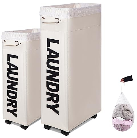 Caroeas Panier à Linge 70L avec Roulettes, Pliable et Étroit, Grande Capacité, Bac de Rangement sur Roues pour Petit Espace,Beige