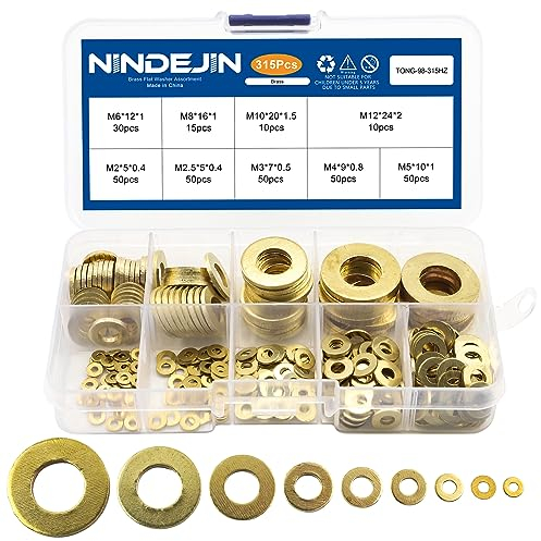 NINDEJIN 315 Pieces Brass Washer Assortment Kit, Metric Flat Washers, 9 Sizes Small Pure Brass Assorted for Screws, M2 M2.5 M3 M4 M5 M6 M8 M10 M12 Washer for Bolt, Metal Washers for Fastener