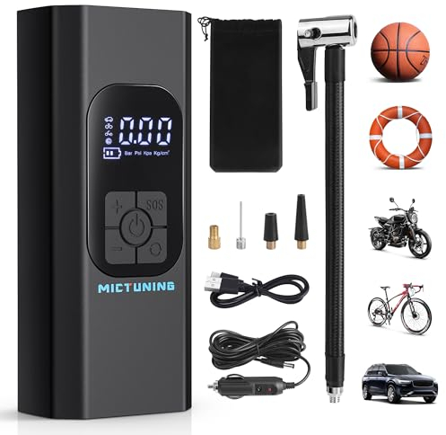 MICTUNING Elektrische Luftpumpe mit 6000mAh Akku, 12V Tragbarer Kompressor, 150psi 4 Modi für Autoreifen, Fahrrad, Bälle auch Als Powerbank