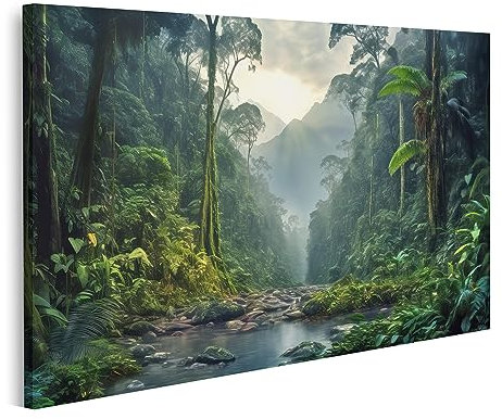 islandburner Tableau sur toile Forêt Tropicale Paysage Arbres Brouillard Belle Forêt Végétation Rivière Jungle Cadre Affiche Poster Murale Tableaux