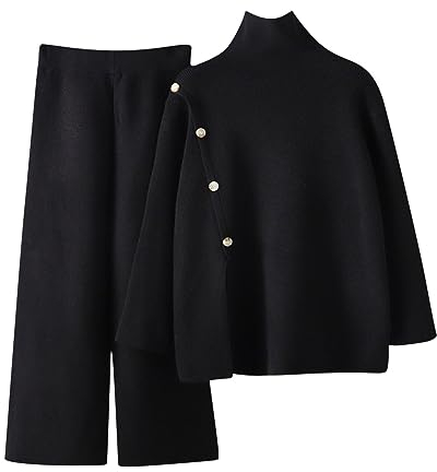 AMhomely 2-teiliges Co-Ord-Set für Damen, Pullover-Set, lässige Outfits, langärmelig, Oberteile, Hosenanzug, einfarbig, schlank, Loungehose, gestrickt, Winter, Herbst, 02 Schwarz, One size