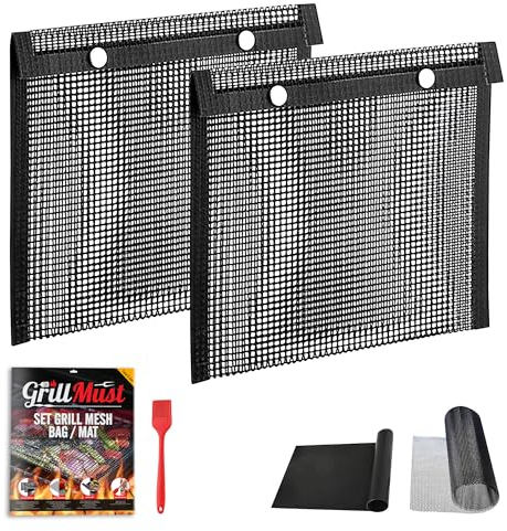 GrillMust Large Grilling Bags Premium Set-2 x Mesh Grill Bags for Outdoor Grill 12x9.5″- 1 x Grill Mats - 1 x Mesh Grill Mat 16x13″ - 1 x Silicone Brush. Smoking Meat Accessories-Ideal Gifts for Men.