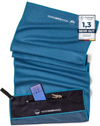 WOODSANDWAVES Sporthandtuch Fitnessstudio mit Reißverschluss Tasche & Magnet - Schnelltrocknend & rutschfest - Mikrofaser Fitness Handtuch Sport Fitnesshandtuch - Gym Handtuch & Zubehör - 130x50 cm