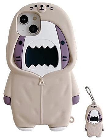 QoKcoahn Case for iPhone 15, Cute 3D Kawaii Phone Cases Funny Pullover Shark Cartoon Cover with Keychain Soft Silicone Gel Drop Protection for iPhone 15