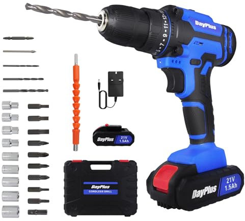 Cordless Drill Driver 21V Electric Screwdriver Hammer Drill with 1500mAh Batteries, 25+1 Torque, 45N.m Max Cordless Drill and Screwdriver Set, 3/8 Inch Keyless Chuck, 2 Variable Speed, LED Work Light