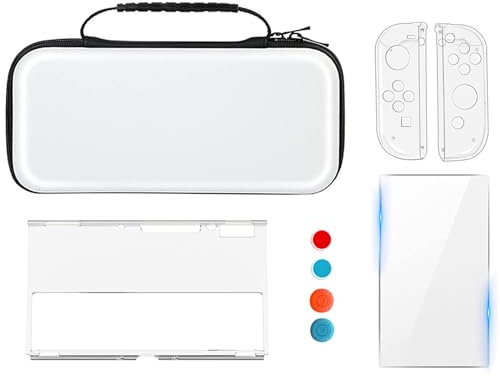 PhyiFlbey Tasche Kompatibel für Nintendo Switch/Switch OLED,Zubehör für Switch mit Klarsichthülle,Schutzfolie,Joystick-Kappe, Harte Tragetasche Hülle für Nintendo Switch (Weiß)