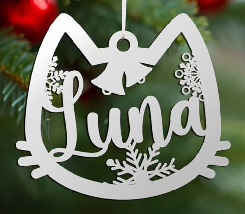 Personalisierte Weihnachtskugel mit Namen Hund, Katze, Tier oder Gewähltem Text, Durchmesser 10 cm, Individuelle Weihnachtskugeln (Katze, Glänzendes Acryl)