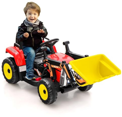 Maxmass Kids Ride on Bulldozer, 12V Battery Powered Ride on Excavator with Remote Control, Music, Horn, USB, Light, Light & Flexible Arm & Bucket, Toddler Construction Vehicle for Boys Girls (Red)