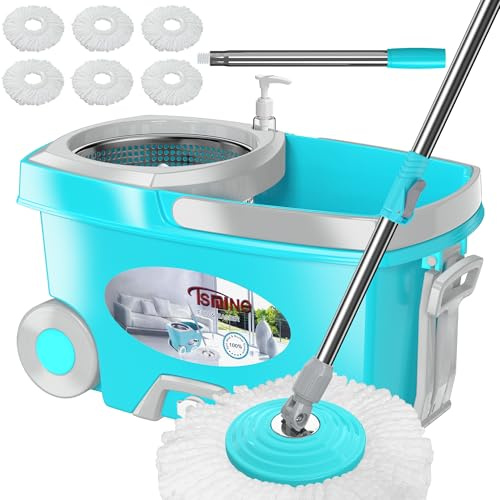 FunClean - Trapeador Giratorio y Cubo, fregona y Cubo con Juego de escurridor para el hogar, Herramienta de Limpieza de Piso Giratorio 360 con 6 recambios de Cabezal de Microfibra, Mango extendido de