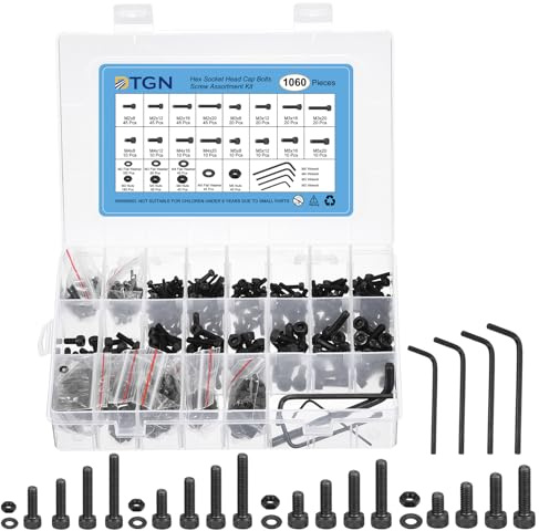 DTGN 1060pz Assortimento Viti Metriche M2/M3/M4/M5 Kit Bulloni Dadi 12.9 Grado Acciaio Acciaio M2/M3/M4/M5x8/12/16/20mm Set Bulloni per Viti Testa Esagonale con Rondella Chiave Inglese