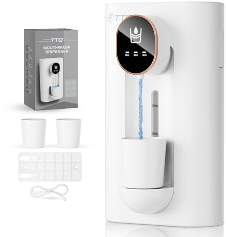 TTQ Distributeur automatique de rince-bouche pour salle de bain - Moderne et fin - Montage mural - En plastique brillant - 3 niveaux de distribution - Gobelet magnétique - Fonctionne avec piles -
