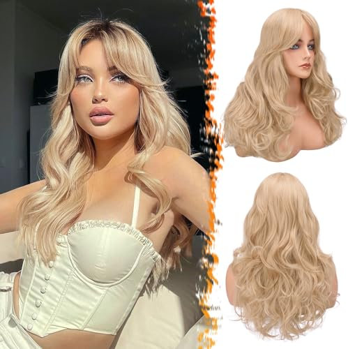 BARSDAR Lange Blond Perücke mit Pony, 66cm Lange gewellte Layered Perücken für Frauen Synthetisches Haar Perücken Schmetterling Natürlich Aussehen Tägliche Party Halloween - Blonde Gemischt