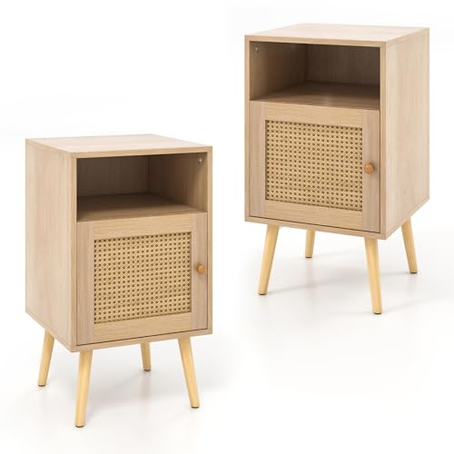 RELAX4LIFE Nachttisch mit Türschrank & Offenem Regal, Nachtschrank mit Rattan-Oberfläche & Holzbeinen, Beistelltisch für Wohnzimmer Schlafzimmer, Natur (2)